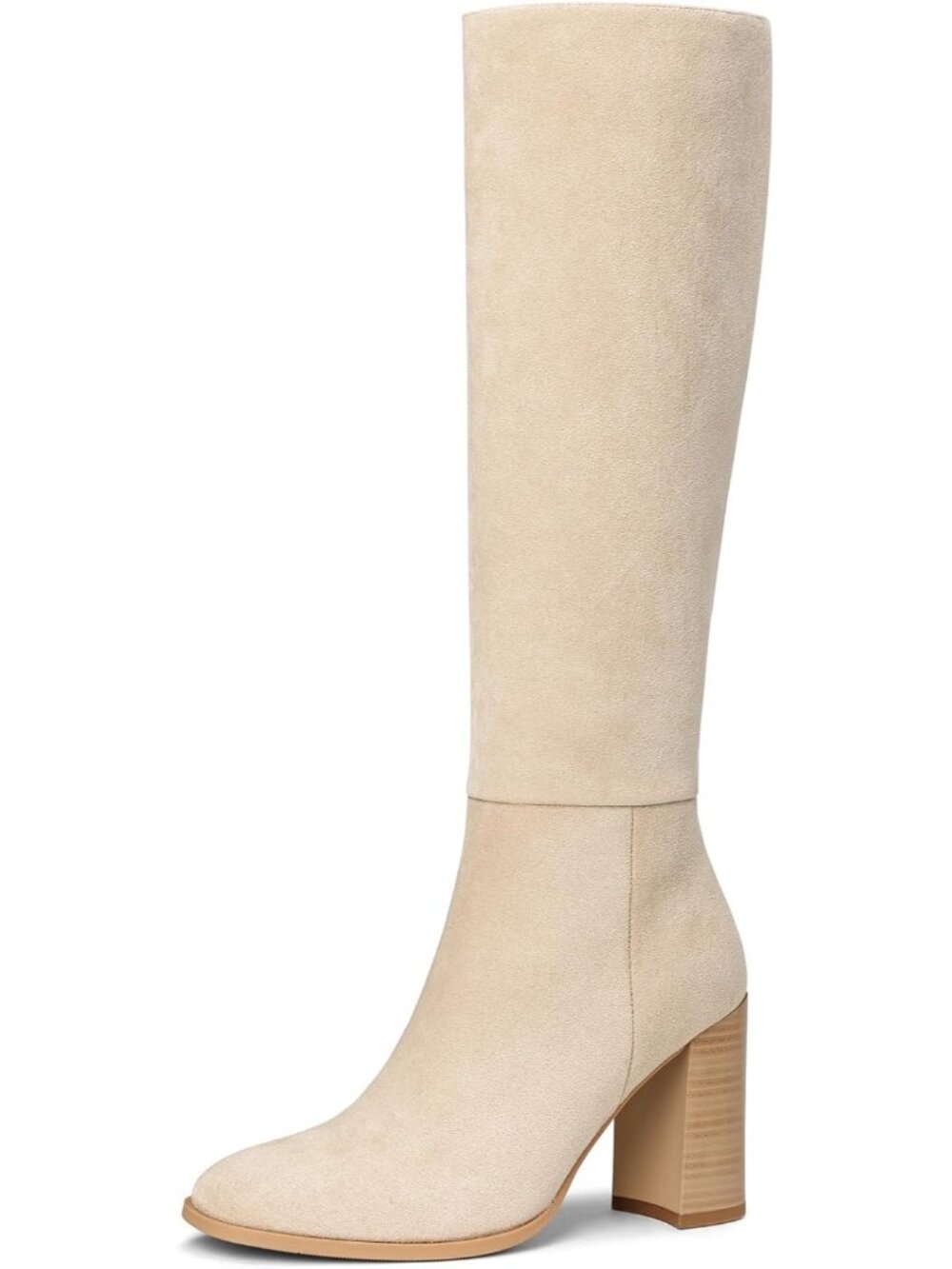 Women's Suede Beige Knee High Boots Round Toe Chunky Heel Boots Gogo Boots